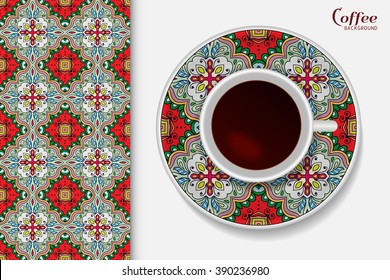 Cup of coffee with colorful geometric ornament on a saucer, seamless tribal ethnic pattern repeating texture.