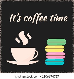 A cup of coffee and colorful macaroons in flat style. Retro vector illustration with frayed edges. Great design template for coffee shops, bakeries, cafes and restaurants.