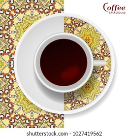 Cup of coffee with colorful ornament on a saucer and vertical seamless floral geometric pattern. Business coffee break concept, interior design background. Isolated coffee cup and plate decor element