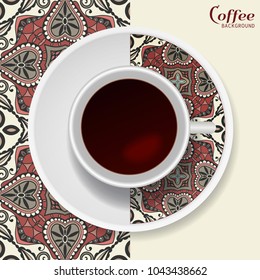 Cup of coffee with colorful ornament on a saucer and vertical seamless floral geometric pattern. Business coffee break concept, interior design background. Isolated coffee cup and plate decor element