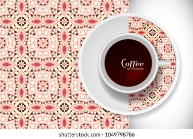 Cup of coffee with colorful ornament on a saucer and vertical seamless floral geometric pattern. Business coffee break concept, interior design background. Isolated coffee cup and plate decor element