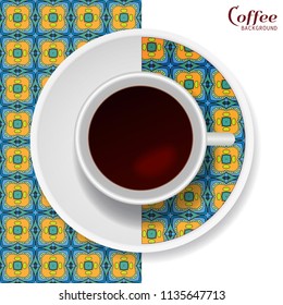 Cup of coffee with colorful ornament on a saucer and vertical seamless geometric pattern. Business coffee break concept, interior design background. Isolated coffee cup and plate decor element
