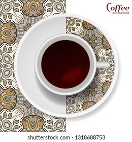 Cup of coffee with colorful ornament on a saucer and vertical seamless floral geometric pattern. Business coffee break concept, interior design background. Isolated coffee cup and plate decor element