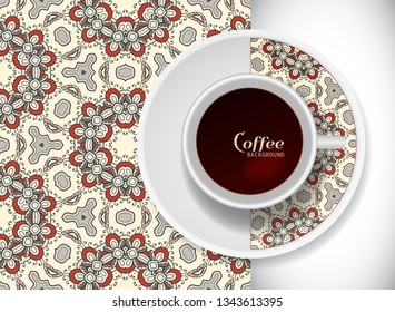Cup of coffee with colorful ornament on a saucer and vertical seamless floral geometric pattern. Business coffee break concept, interior design background. Isolated coffee cup and plate decor element