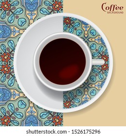 Cup of coffee with colorful ornament on a saucer and vertical seamless floral geometric pattern. Business coffee break concept, interior design background. Isolated coffee cup and plate decor element