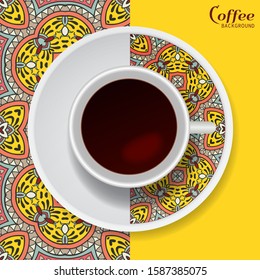 Cup of coffee with colorful ornament on a saucer and vertical seamless floral geometric pattern. Business coffee break concept, interior design background. Isolated coffee cup and plate decor element