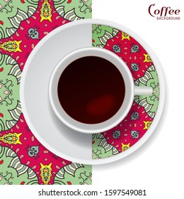 Cup of coffee with colorful ornament on a saucer and vertical seamless floral geometric pattern. Business coffee break concept, interior design background. Isolated coffee cup and plate decor element