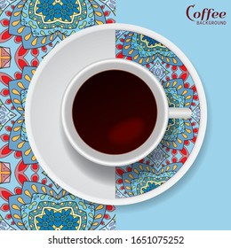 Cup of coffee with colorful ornament on a saucer and vertical seamless floral geometric pattern. Business coffee break concept, interior design background. Isolated coffee cup and plate decor element