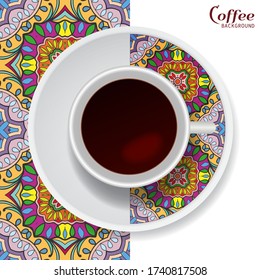 Cup of coffee with colorful ornament on a saucer and vertical seamless floral geometric pattern. Business coffee break concept, interior design background. Isolated coffee cup and plate decor element