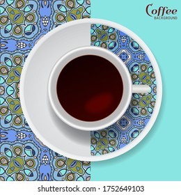 Cup of coffee with colorful ornament on a saucer and vertical seamless floral geometric pattern. Business coffee break concept, interior design background. Isolated coffee cup and plate decor element