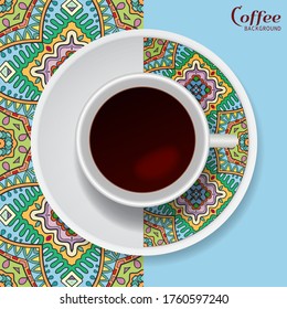 Cup of coffee with colorful ornament on a saucer and vertical seamless floral geometric pattern. Business coffee break concept, interior design background. Isolated coffee cup and plate decor element