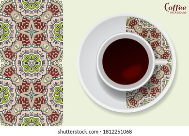 Cup of coffee with colorful ornament on a saucer and vertical seamless floral geometric pattern. Business coffee break concept, interior design background. Isolated coffee cup and plate decor element