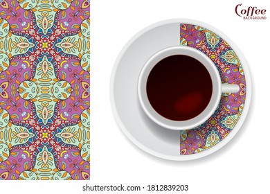 Cup of coffee with colorful ornament on a saucer and vertical seamless floral geometric pattern. Business coffee break concept, interior design background. Isolated coffee cup and plate decor element