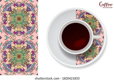 Cup of coffee with colorful ornament on a saucer and vertical seamless floral geometric pattern. Business coffee break concept, interior design background. Isolated coffee cup and plate decor element