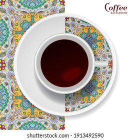 Cup of coffee with colorful ornament on a saucer and vertical seamless floral geometric pattern. Business coffee break concept, interior design background. Isolated coffee cup and plate decor element