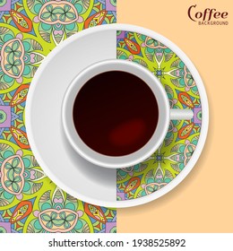 Cup of coffee with colorful ornament on a saucer and vertical seamless floral geometric pattern. Business coffee break concept, interior design background. Isolated coffee cup and plate decor element