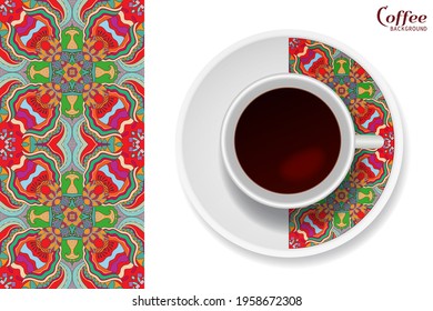 Cup of coffee with colorful ornament on a saucer and vertical seamless floral geometric pattern. Business coffee break concept, interior design background. Isolated coffee cup and plate decor element