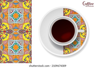 Cup of coffee with colorful ornament on a saucer and vertical seamless floral geometric pattern. Business coffee break concept, interior design background. Isolated coffee cup and plate decor element