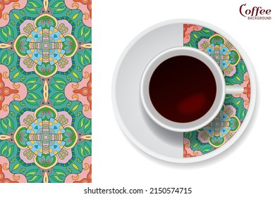 Cup of coffee with colorful ornament on a saucer and vertical seamless floral geometric pattern. Business coffee break concept, interior design background. Isolated coffee cup and plate decor element