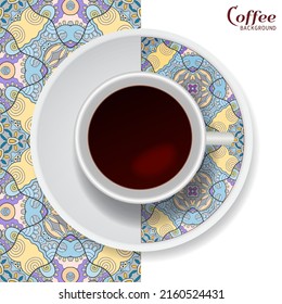 Cup of coffee with colorful ornament on a saucer and vertical seamless floral geometric pattern. Business coffee break concept, interior design background. Isolated coffee cup and plate decor element