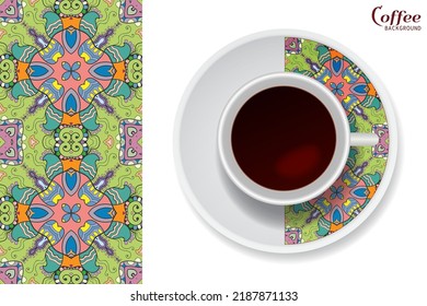 Cup of coffee with colorful ornament on a saucer and vertical seamless floral geometric pattern. Business coffee break concept, interior design background. Isolated coffee cup and plate decor element