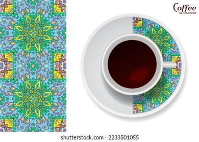 Cup of coffee with colorful ornament on a saucer and vertical seamless floral geometric pattern. Business coffee break concept, interior design background. Isolated coffee cup and plate decor element