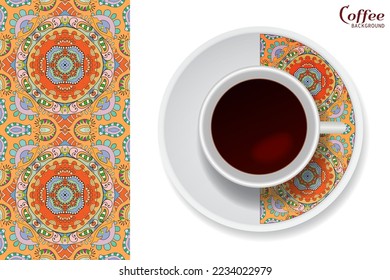 Cup of coffee with colorful ornament on a saucer and vertical seamless floral geometric pattern. Business coffee break concept, interior design background. Isolated coffee cup and plate decor element