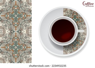 Cup of coffee with colorful ornament on a saucer and vertical seamless floral geometric pattern. Business coffee break concept, interior design background. Isolated coffee cup and plate decor element