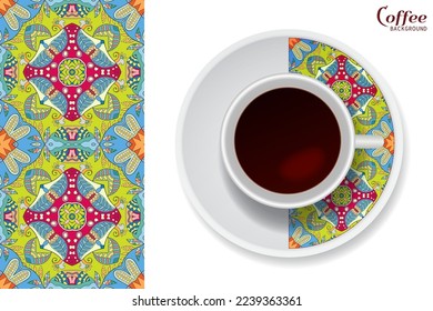 Cup of coffee with colorful ornament on a saucer and vertical seamless floral geometric pattern. Business coffee break concept, interior design background. Isolated coffee cup and plate decor element