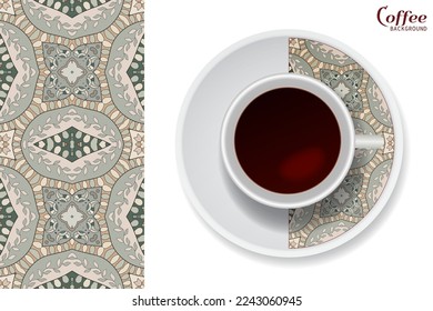 Cup of coffee with colorful ornament on a saucer and vertical seamless floral geometric pattern. Business coffee break concept, interior design background. Isolated coffee cup and plate decor element