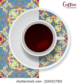 Cup of coffee with colorful ornament on a saucer and vertical seamless floral geometric pattern. Business coffee break concept, interior design background. Isolated coffee cup and plate decor element