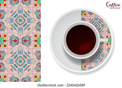 Cup of coffee with colorful ornament on a saucer and vertical seamless floral geometric pattern. Business coffee break concept, interior design background. Isolated coffee cup and plate decor element