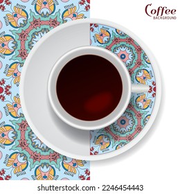 Cup of coffee with colorful ornament on a saucer and vertical seamless floral geometric pattern. Business coffee break concept, interior design background. Isolated coffee cup and plate decor element