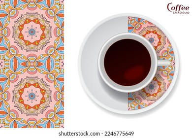 Cup of coffee with colorful ornament on a saucer and vertical seamless floral geometric pattern. Business coffee break concept, interior design background. Isolated coffee cup and plate decor element