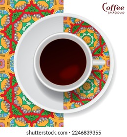 Cup of coffee with colorful ornament on a saucer and vertical seamless floral geometric pattern. Business coffee break concept, interior design background. Isolated coffee cup and plate decor element