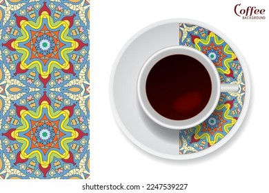 Cup of coffee with colorful ornament on a saucer and vertical seamless floral geometric pattern. Business coffee break concept, interior design background. Isolated coffee cup and plate decor element