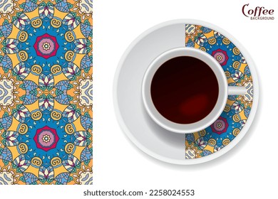 Cup of coffee with colorful ornament on a saucer and vertical seamless floral geometric pattern. Business coffee break concept, interior design background. Isolated coffee cup and plate decor element