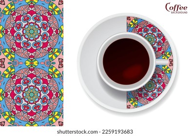 Cup of coffee with colorful ornament on a saucer and vertical seamless floral geometric pattern. Business coffee break concept, interior design background. Isolated coffee cup and plate decor element