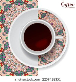 Cup of coffee with colorful ornament on a saucer and vertical seamless floral geometric pattern. Business coffee break concept, interior design background. Isolated coffee cup and plate decor element