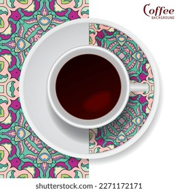 Cup of coffee with colorful ornament on a saucer and vertical seamless floral geometric pattern. Business coffee break concept, interior design background. Isolated coffee cup and plate decor element