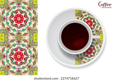 Cup of coffee with colorful ornament on a saucer and vertical seamless floral geometric pattern. Business coffee break concept, interior design background. Isolated coffee cup and plate decor element