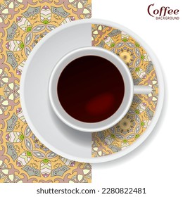 Cup of coffee with colorful ornament on a saucer and vertical seamless floral geometric pattern. Business coffee break concept, interior design background. Isolated coffee cup and plate decor element