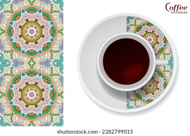 Cup of coffee with colorful ornament on a saucer and vertical seamless floral geometric pattern. Business coffee break concept, interior design background. Isolated coffee cup and plate decor element