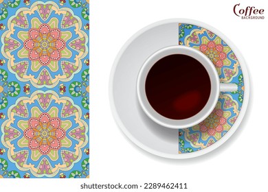 Cup of coffee with colorful ornament on a saucer and vertical seamless floral geometric pattern. Business coffee break concept, interior design background. Isolated coffee cup and plate decor element