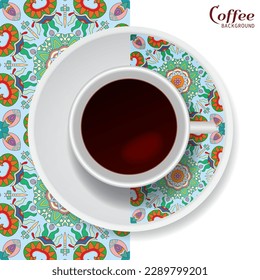 Cup of coffee with colorful ornament on a saucer and vertical seamless floral geometric pattern. Business coffee break concept, interior design background. Isolated coffee cup and plate decor element