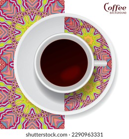 Cup of coffee with colorful ornament on a saucer and vertical seamless floral geometric pattern. Business coffee break concept, interior design background. Isolated coffee cup and plate decor element