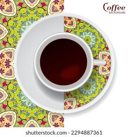 Cup of coffee with colorful ornament on a saucer and vertical seamless floral geometric pattern. Business coffee break concept, interior design background. Isolated coffee cup and plate decor element