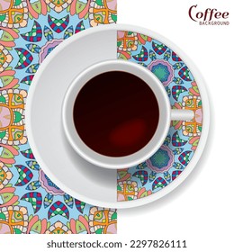 Cup of coffee with colorful ornament on a saucer and vertical seamless floral geometric pattern. Business coffee break concept, interior design background. Isolated coffee cup and plate decor element