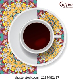 Cup of coffee with colorful ornament on a saucer and vertical seamless floral geometric pattern. Business coffee break concept, interior design background. Isolated coffee cup and plate decor element