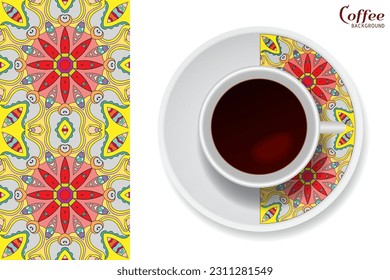 Cup of coffee with colorful ornament on a saucer and vertical seamless floral geometric pattern. Business coffee break concept, interior design background. Isolated coffee cup and plate decor element